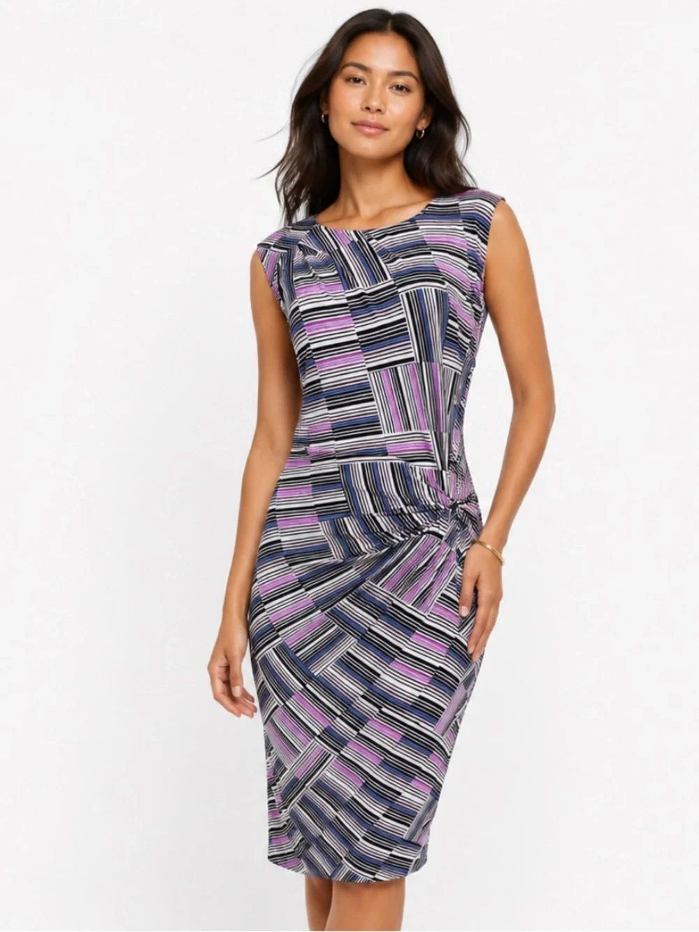 NIC+ZOE Sleeveless Geometric Stripe Midi Dress in Black, White & Pink
